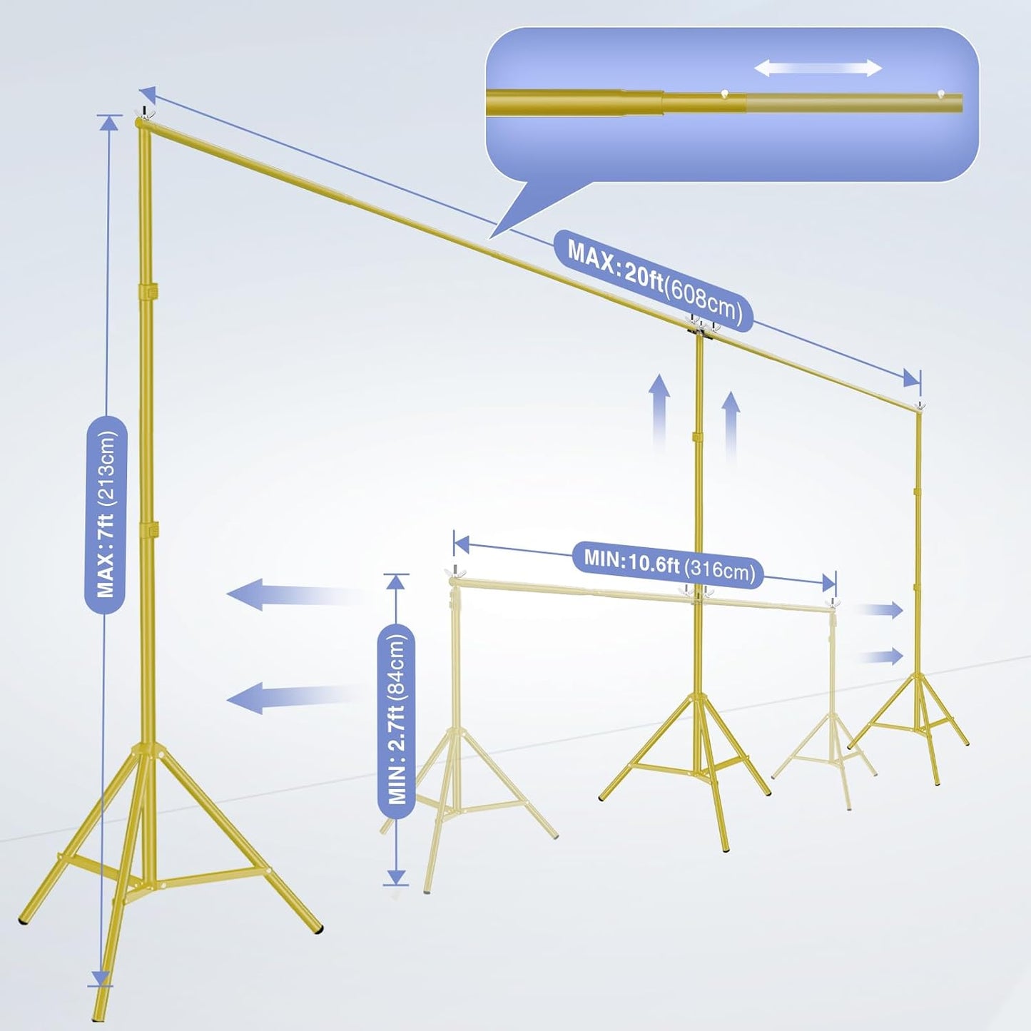 EMART Backdrop Stand, 20x7ft(WxH) Large Adjustable Background Support System with 308° Angle Rotatable Connector, 8 Clamps, 3 Sandbags and Carry Bag for Paties, Wedding, Photography -Titanium Gold