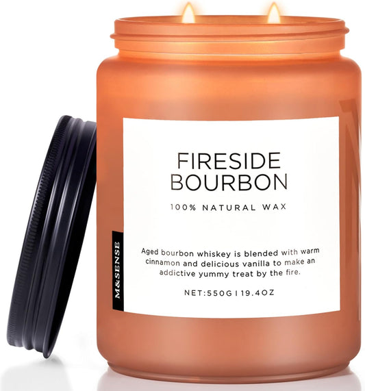 M&SENSE Fireside Bourbon Candles Strong Scented, 2 Wick Jar Candle 19.4oz 110 Hour Long Lasting, Organic Natural Soy Wax Candle for Bedroom Kitchen Home Decor, Warm Housewarming Gifts for Men Women