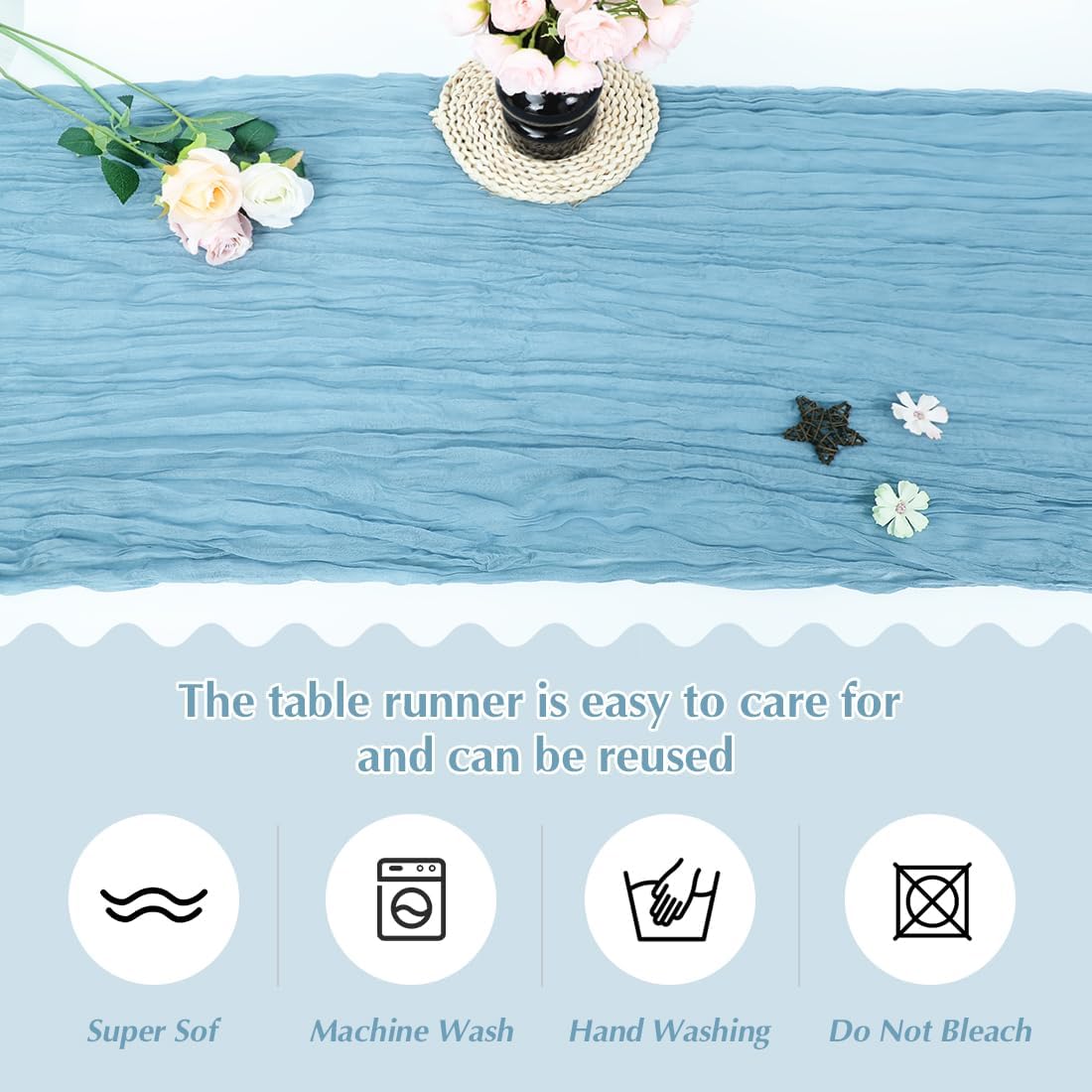 Baby Blue Cheesecloth Table Runner -21*120Inch Long Boho Wedding Table Decor, Rustic Gauze Fabric Runner for Bridal Showers, Baby Showers & Parties (Sheer, Lightweight, Wrinkled Design)