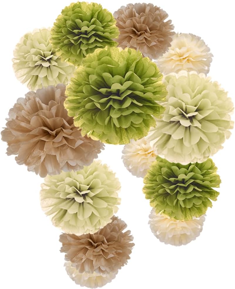 Sage Green Olive Ivory and Champagne Tan Tissue Paper Pom Poms Flower for Baby Shower Spring Summer Jungle Birthday Wedding Graduation Party Decoration, 12pc