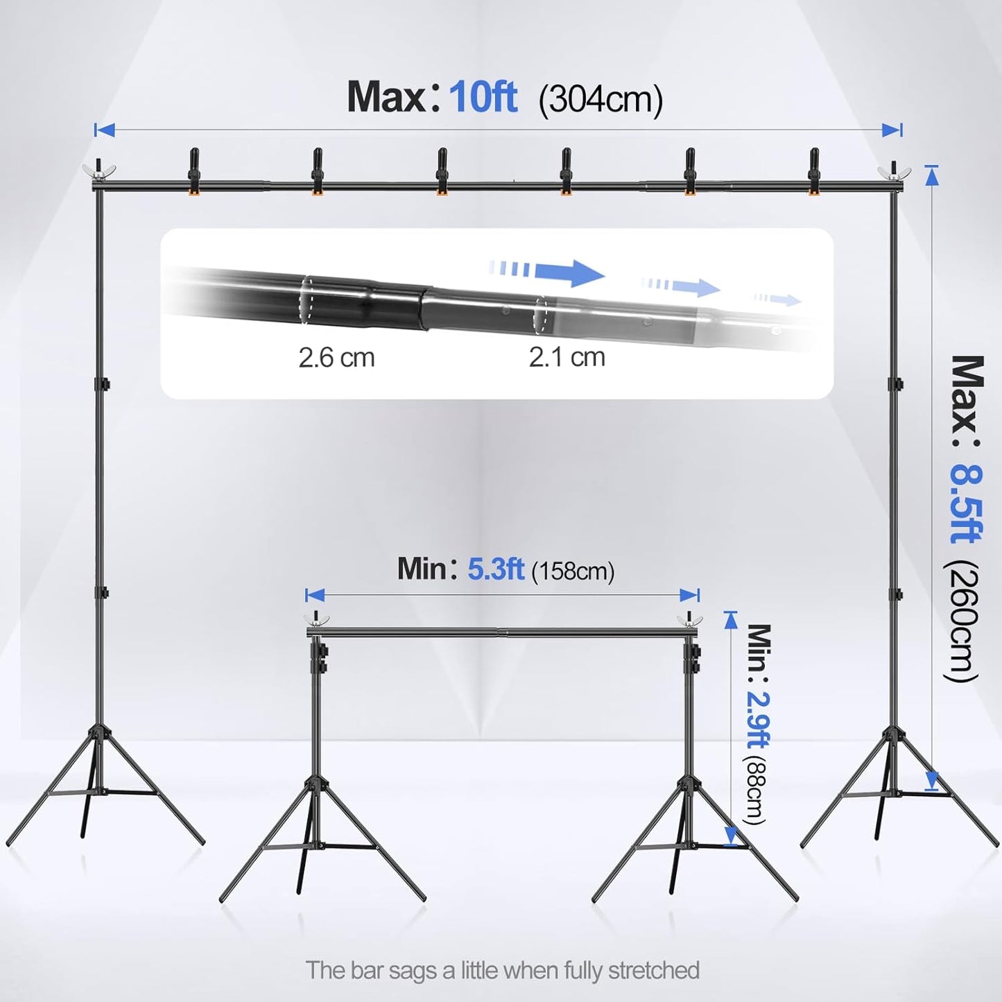 EMART Backdrop Stand 10x8.5ft(WxH) Photo Studio Adjustable Background Stand Support Kit with 2 Crossbars, 8 Backdrop Clamps, 2 Sandbags and Carrying Bag for Parties Events Decoration