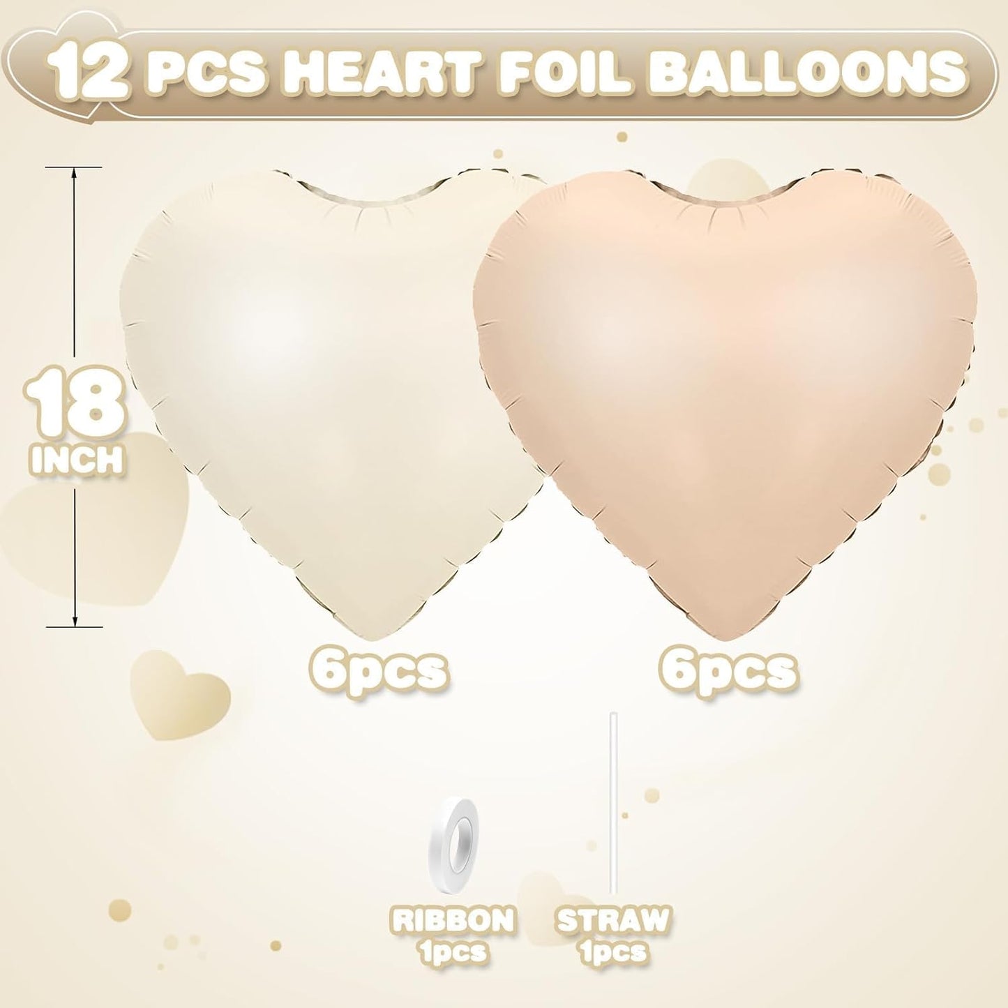 Cream White Beige Heart Balloons,12Pcs Caramel Sand White Heart Shaped Foil Balloons,18Inch Retro Apricot Helium Polyester Film Balloon for Baby Shower Birthday Anniversary Wedding Party Decorations