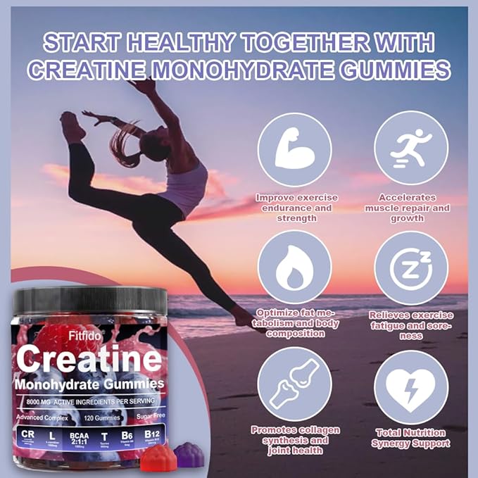 Creatine Monohydrate Gummies Complex 8000mg for Men and Women, Containing L-carnitine & Taurine, Build Muscle, Boost Energy, Faster Recovery, Pre-Workout Supplement, Raspberry & Blackberry, 120 Count