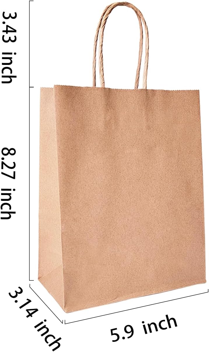 BAG BOX 50 Pack 5.9x3.1x8.25 Inch Brown Gift Bags with Handles,Bulk Kraft Paper Bags for Shopping, Retail, Merchandise, Wedding, Party Favors, Paper Grocery Sacks