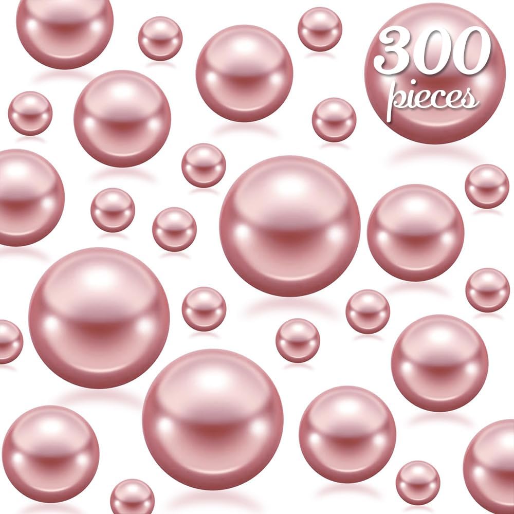 300Pcs Rose Gold Polished No Hole Faux Pearl Beads for Vase Filling Decorations, Plastic Pearls Vase Fillers, Table Scatters, Wedding Centerpiece, Home Decor, 8/14/20 mm