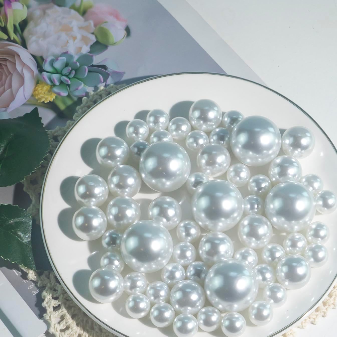 150Pcs White Polished No Hole Faux Pearl Beads for Vase Filling Decorations, Plastic Pearls Vase Fillers, Table Scatters, Wedding Centerpiece, Home Decor, 8/14/20 mm