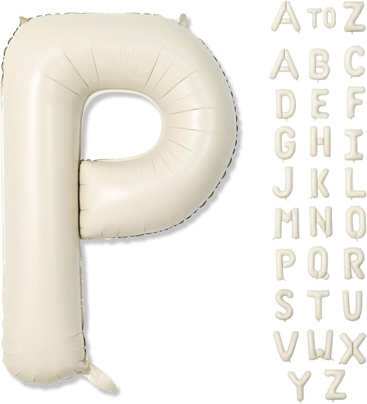 Giant Alphabet P Foil Name Balloons, Cream Ivory White Inflatable Word Balloons P Letters Birthday Decor, 40 Inch Mylar Beige A-Z Custom Letter Balloons for Girls Baby Shower Party Decoration Supplies