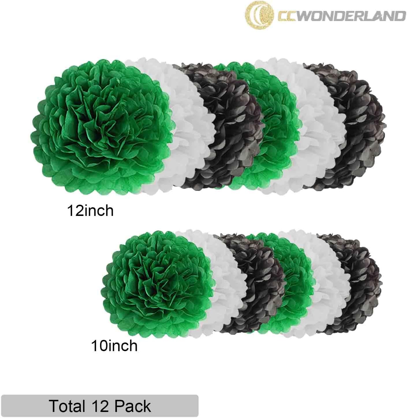 Black Green White Paper Pom Poms - Party Tissue Paper Flowers Balls - Party Hanging Decoration Supplies - Size of 10inch, 12inch, Pack of 12
