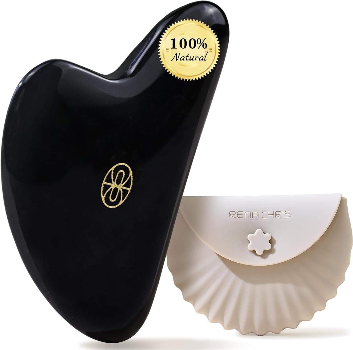 Rena Chris Gua Sha Facial Tools, Ergonomic Black Obsidian Jade Guasha Tool for Face Massage, Manual Facial Massager Tool for Jawline Sculpting and Puffiness Reduction with Silicone Case (Black)