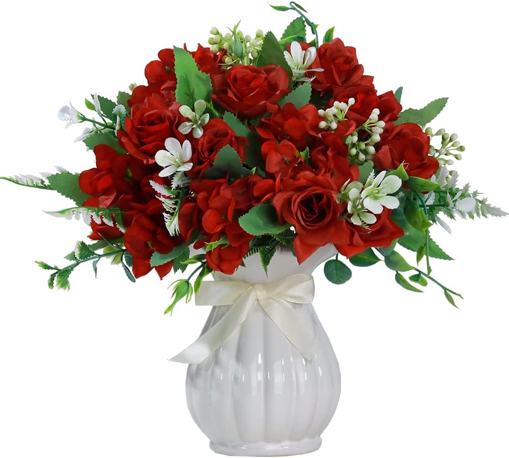 LESING Artificial Rose Silk Hydrangea Flowers Bouquets with Vase Rustic Fake Flowers for Home Decoration Table Centerpiece (Claret Red)