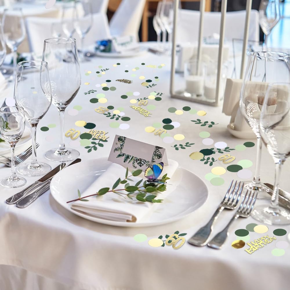 Sage Green 60th Happy Birthday Confetti, 60th Birthday Table Decorations Scatter Green Gold Foil Cake Confetti Decorations for 60 Bday Woman Men Party Decor 230 Pcs