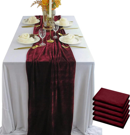 Velvet Table Runner, 5 Pack Luxurious Wedding Reception Decorations Soft Velvet Fabric Table Linen Overlay for Party (20 x 120 inch, Burgundy)