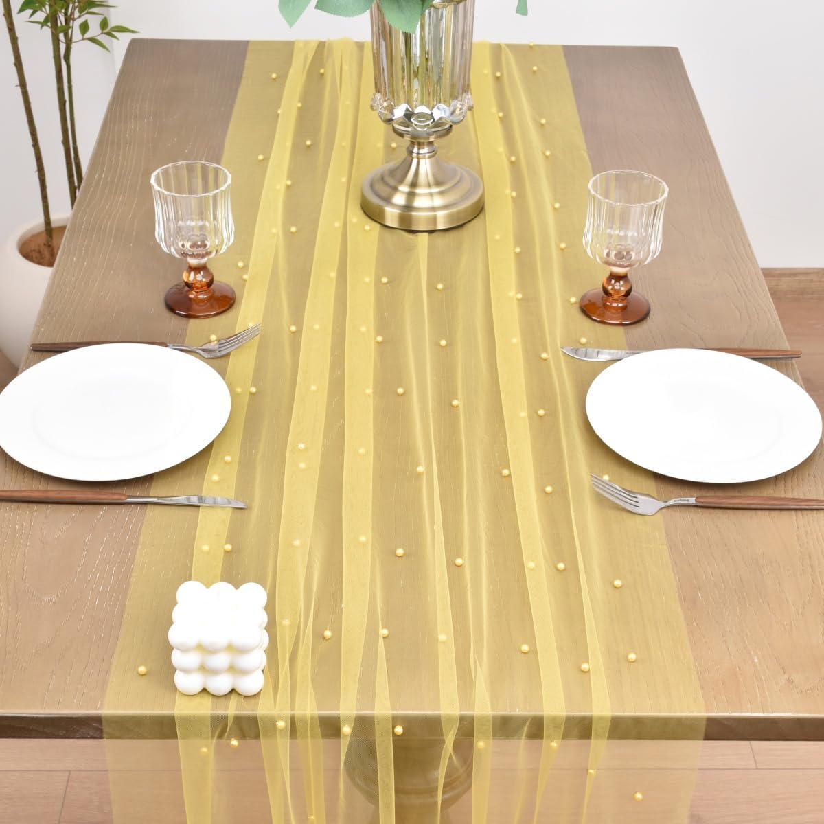 Joanlody Fall Pearl Table Runner 10ft Rustic Boho Tulle Table Runner with Pearls for Baby Shower Wedding Party Veil Dessert Thanksgiving Table Decor Yellow 4pcs