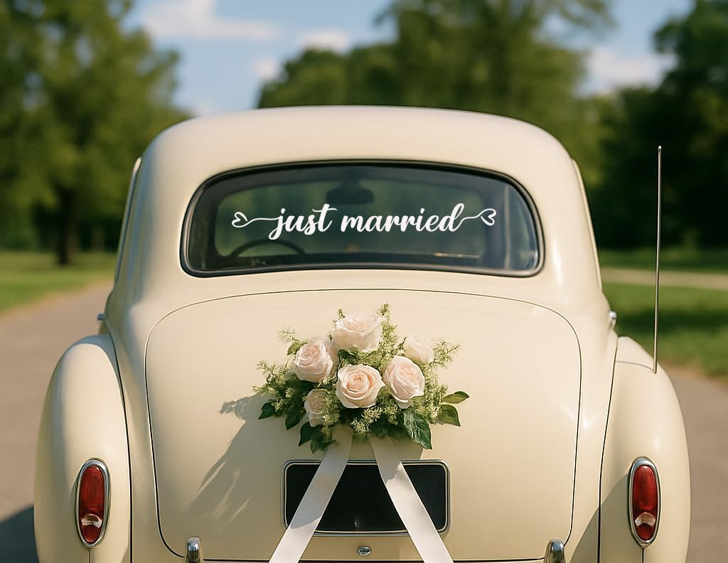 Just Married Vinyl Decal – White Wedding Car Sticker, 28 x 3.8 inch, Just Married Car Window Decal for Newlyweds, Waterproof Wedding Decoration for Rear Windshield or Bumper.