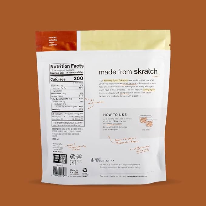 Skratch Labs Post Workout Recovery Drink Mix with Horchata, (21.2 oz, 12 Servings) with Complete Milk Protein of Casein and Whey and Probiotics, Gluten Free, Kosher, Vegetarian