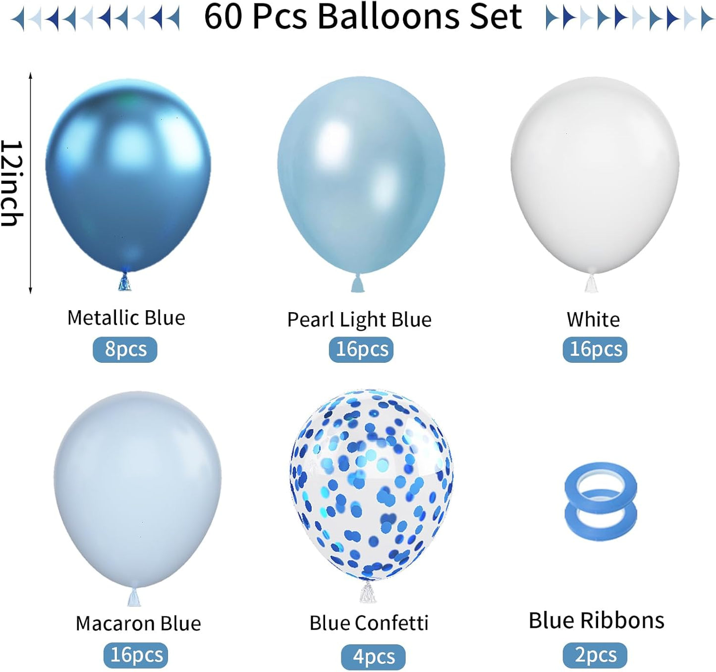 60pcs Blue & White Balloons - 12in Metallic Blue Pearl Confetti Latex - Boys Birthday, Baby Shower, Wedding Decorations