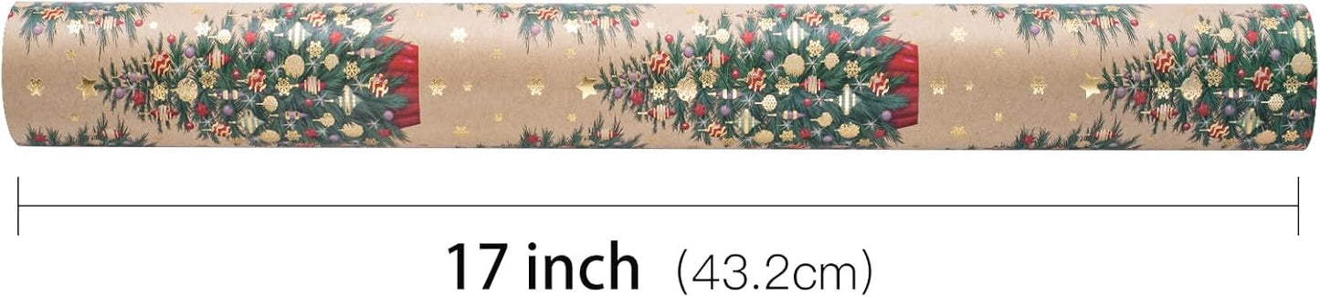 RUSPEPA Kraft Christmas Wrapping Paper Roll, Mini Roll, Gold Foil Christmas Tree Design, Elegent Kraft Gift Wrap Paper Great for Xmas Gifts, Winter and Holidays, 17 Inches X 16.4 Feet