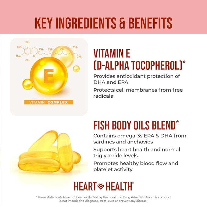 Heart Health Essential Omega 3 Fish Oil with Vitamin E - High Potency Omega 3 Fish Oil Supplement with EPA & DHA - Burpless Softgels from Sardines & Anchovies - Non-GMO, Gluten Free - 60 Servings