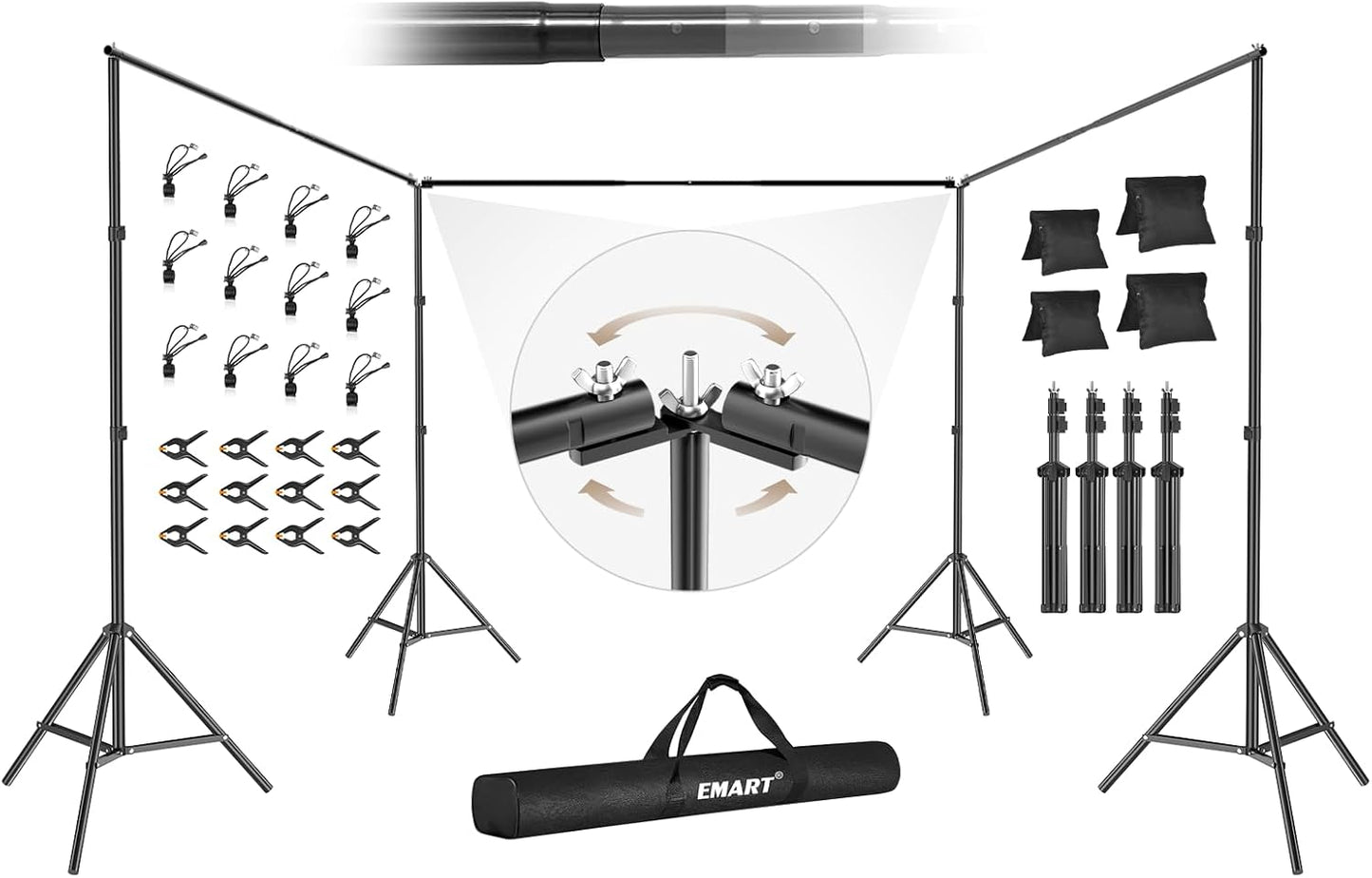 EMART Backdrop Stand, 30x7ft(WxH) Large Adjustable Background Support System with 308° Angle Rotatable Connector, 12 Clamps, 4 Sandbags and Carry Bag for Paties, Wedding, Photography Studio, Video