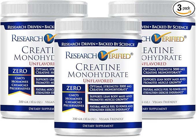 Research Verified Creatine Monohydrate - Support Optimal Muscle Growth, Enhance Performance - 5000mg Creatine Monohydrate - BioPerine - 180 Servings - Unflavored - Vegan