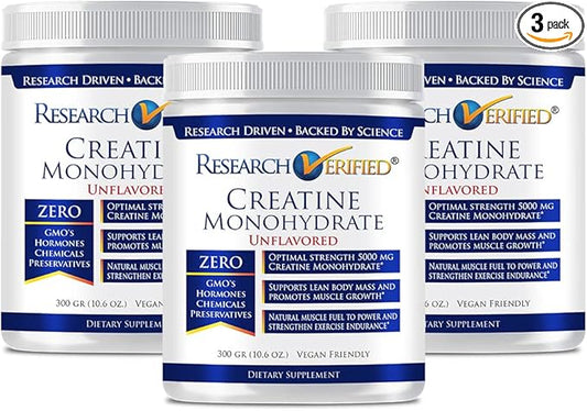Research Verified Creatine Monohydrate - Support Optimal Muscle Growth, Enhance Performance - 5000mg Creatine Monohydrate - BioPerine - 180 Servings - Unflavored - Vegan