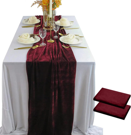 Luxurious Velvet Table Runner, 10ft Wedding Reception Decorations, 20x120inch Soft Velvet Fabric, Table Linen Overlay, Wedding Table Runners (Burgundy, 20X120inch, 2pack)