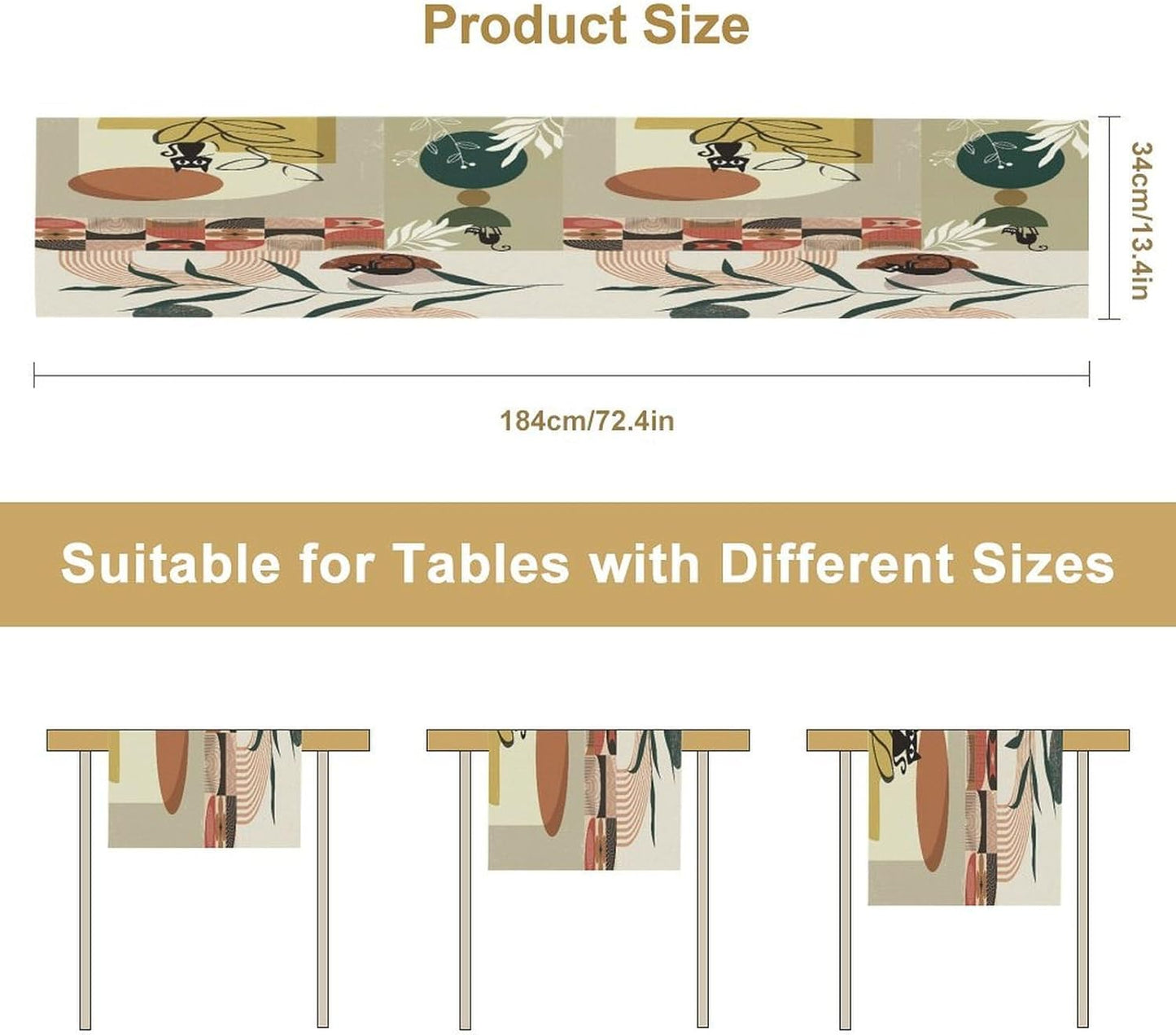 Mid Century Table Runner,Abstract Boho Plant Leaf Botanical Cat Modern Geometric Pattern Print Burlap for Hotel Indoors Outdoor Dining Room Kitchen Home Decor, 13x60in