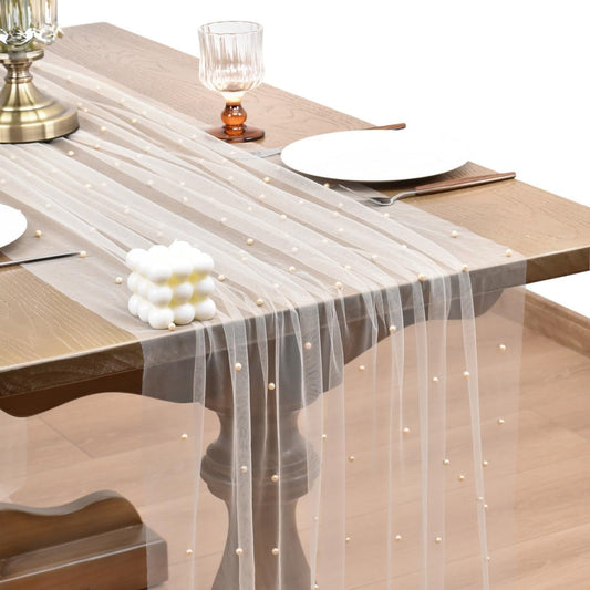 Joanlody Fall Pearl Table Runner 10ft Rustic Boho Tulle Table Runner with Pearls for Baby Shower Wedding Party Veil Dessert Thanksgiving Table Decor Champagne