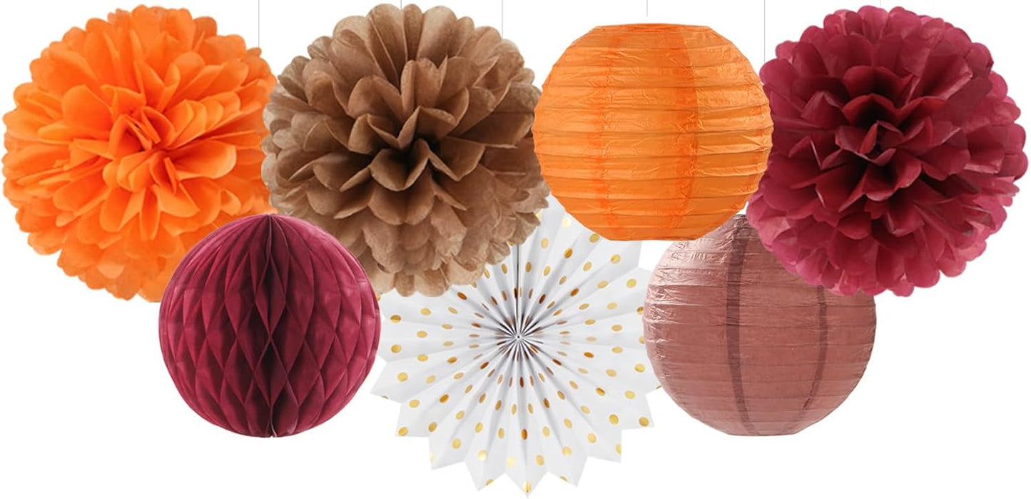 Fall Boho Baby-Shower Party-Decorations Streamers-Lanterns - 14pc Autumn Harvest Brown Orange Burgundy Paper Fan,Rustic Birthday Wedding Bridal Tissue Pom Poms,Honeycomb Balls,Engagement Decor Ouruola