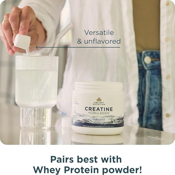 Ancient Nutrition Creatine + Collagen – Muscle Strength, Lean Body Mass, Joint Comfort & Cognitive Support – Includes 5g Creatine Monohydrate for Women, 30 Servings