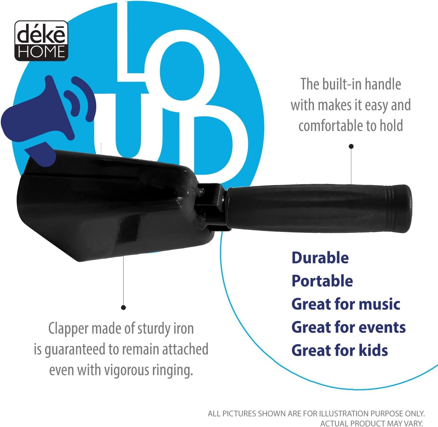 Deke Home - 2 Pack 7 Inch Steel Cowbells with Handle, Loud Noise Makers for Football, Sports, Parties, Competitions, School Spirit & Safety, Large Hand Bell for Cheering & Percussion Instrument