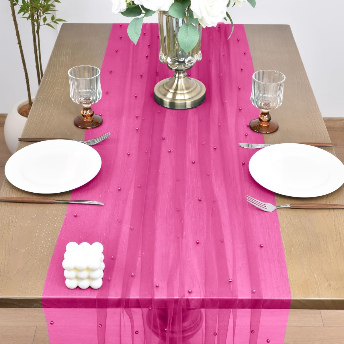 Joanlody Fall Fuschia Pearl Table Runner 10ft Rustic Boho Tulle Table Runner with Pearls for Baby Shower Wedding Party Veil Dessert Thanksgiving Table Decor Hot Pink 4pcs