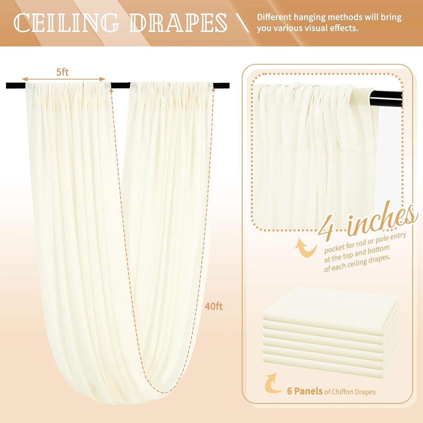 6 Panels Ivory Ceiling Drapes for Wedding 5ftx40ft Sheer Drapery Chiffon Fabric Arch Draping Curtains for Party Ceremony Birthday Baby Shower Reception Stage Ceiling Decorations