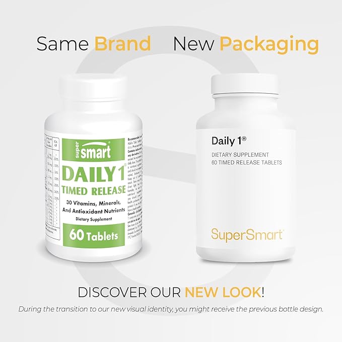Supersmart Daily 1 Timed Release (Patented) - 30-in-1 Daily Multivitamin for Women & Men - with Vitamin A, B, C, D, E, Magnesium, Zinc, BioPQQ | Made in USA | Non-GMO & Gluten Free - 60 Tablets