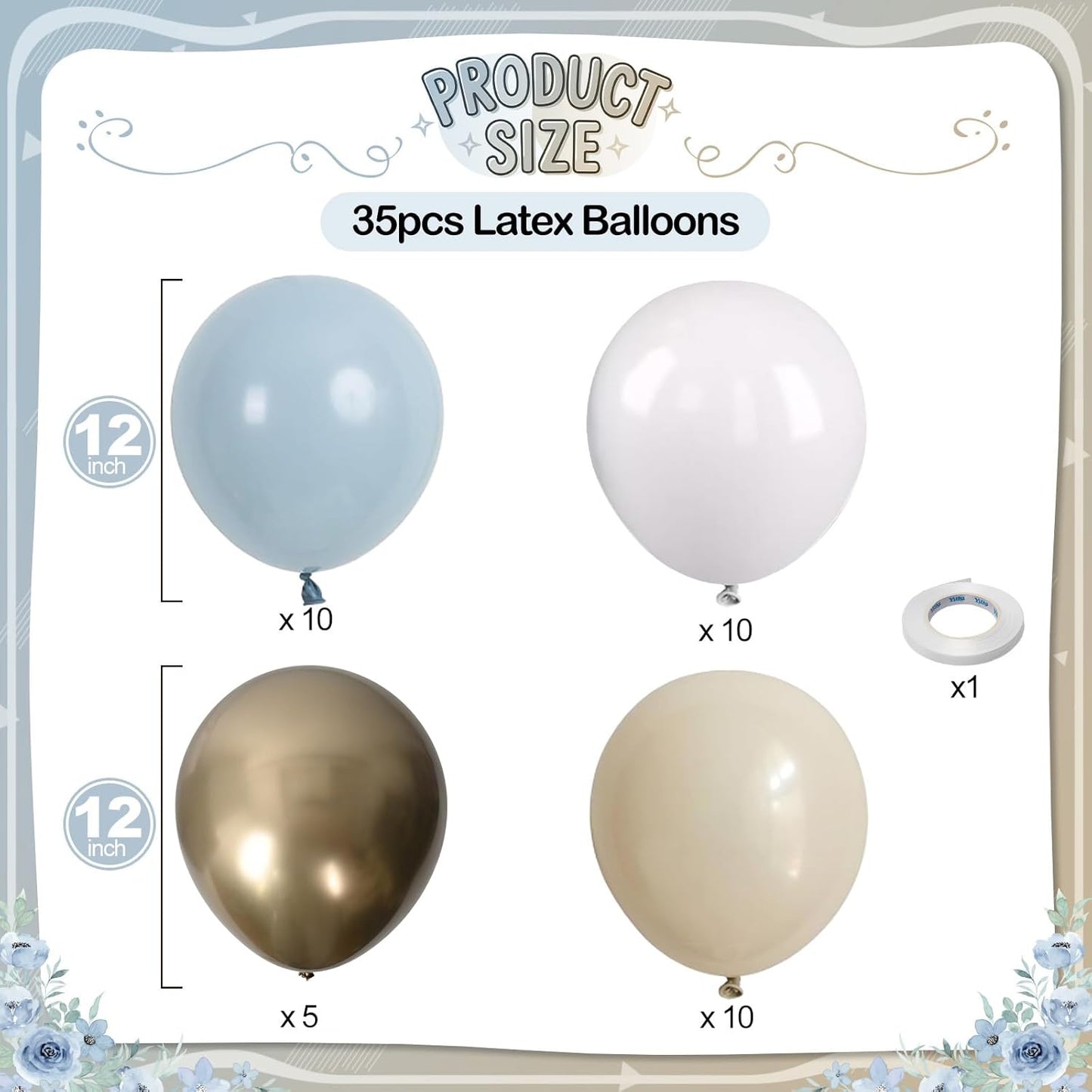 Dusty Blue Beige Balloons, 12 Inch Fog Blue Sand White Balloons with Cream Ivory Metallic Gold Balloon for Baby Shower Boho Bridal Shower Birthday Wedding Engagement Party Decorations Supplies