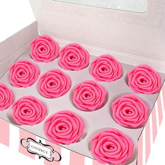Confect Hot Pink Edible Roses – 12 Pack for Cake & Cupcake Decorating – Vegan, Gluten-Free Floral Toppers for Desserts, Nut-Free & Dairy-Free