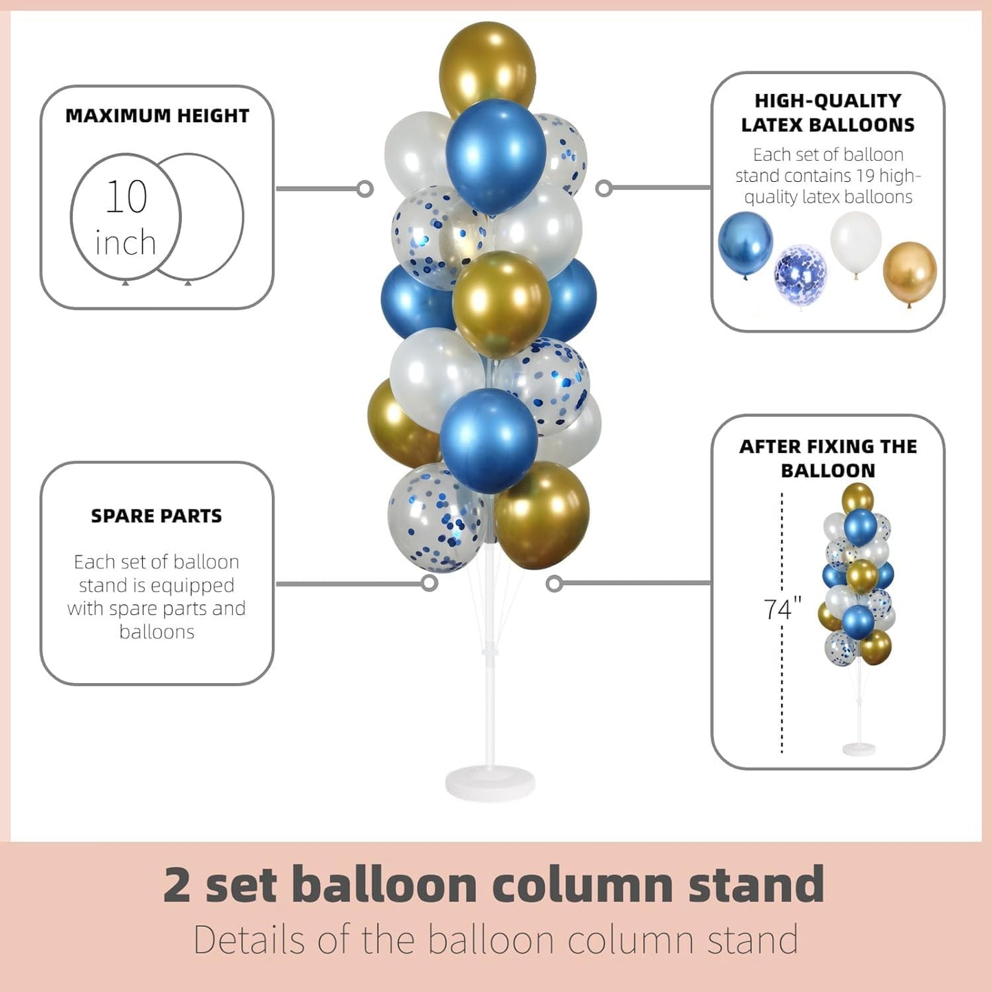 Balloon Column Kit Set of 2 With Confetti Balloons Included - with Base, and Pole,Balloon Tower Backdrop Decoration for Wedding, Baby Shower, Birthday Party, Bridal Shower(Metallic Blue Gold)