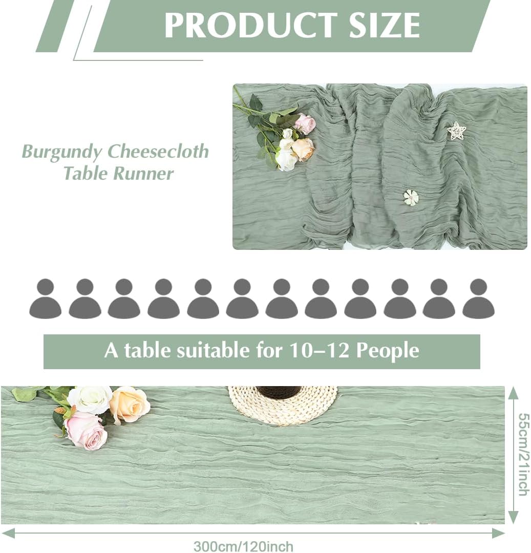 10 Pack Sage Green Cheesecloth Table Runner -21*120Inch Long Boho Wedding Table Decor, Rustic Gauze Fabric Runner for Bridal Showers, Baby Showers & Parties (Sheer, Lightweight, Wrinkled Design)