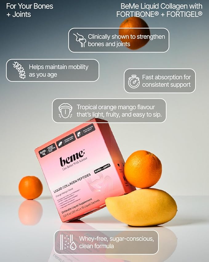 BeMe Liquid Collagen Peptides for Bone & Joint Health - 10,000mg FORTIBONE & FORTIGEL - 2X Faster Absorption - Clinically Proven to Support Bone Density & Cartilage Regeneration