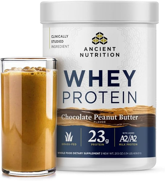 Ancient Nutrition Grass Fed Whey Protein, Chocolate Peanut Butter, 23g Protein, 18 Servings, Hydrolyzed Collagen Peptides, Organic Regenerative A2/A2 Milk Protein
