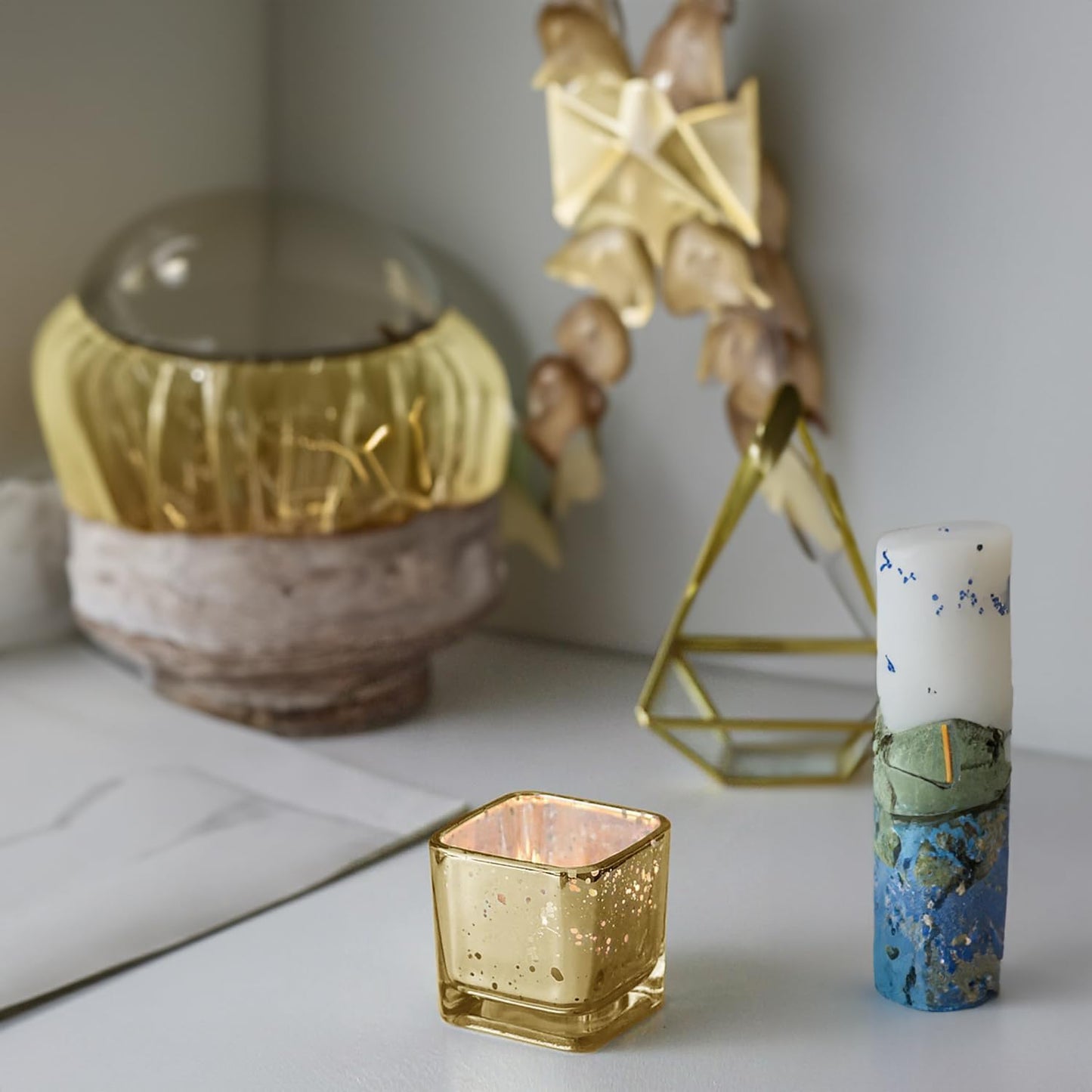 WGV 2 Inch Gold Speckle Square Cube Glass Votive Candle Holder Bulk, Small Tiny Mercury Tea Light 2x2”, 24 Pieces