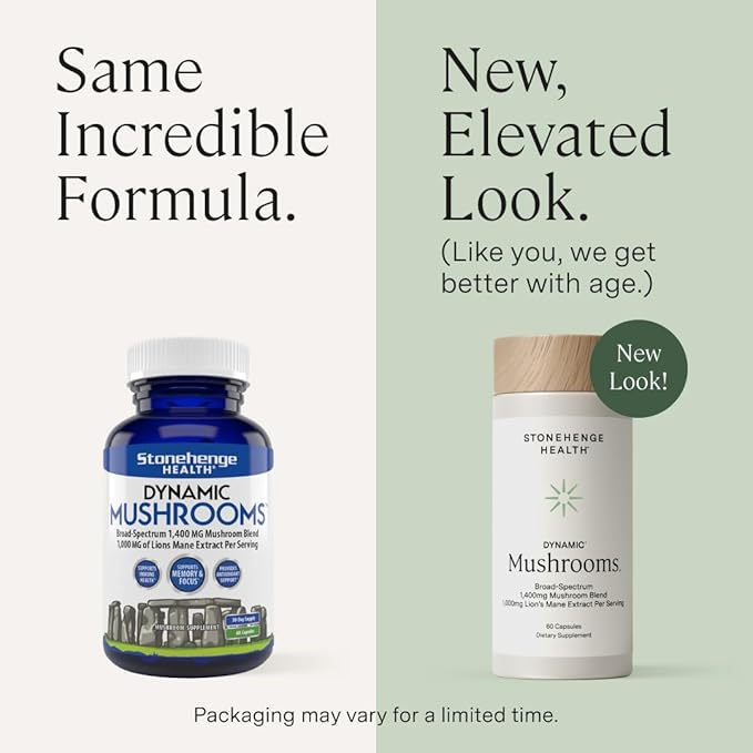 Stonehenge Health Dynamic Mushrooms - 100% Fruiting Bodies & Extracts - Lion’s Mane, Chaga, Maitake, Shiitake, Reishi - Nootropic Brain & Immune System Support - No Mycelium - 60 Veggie Capsules