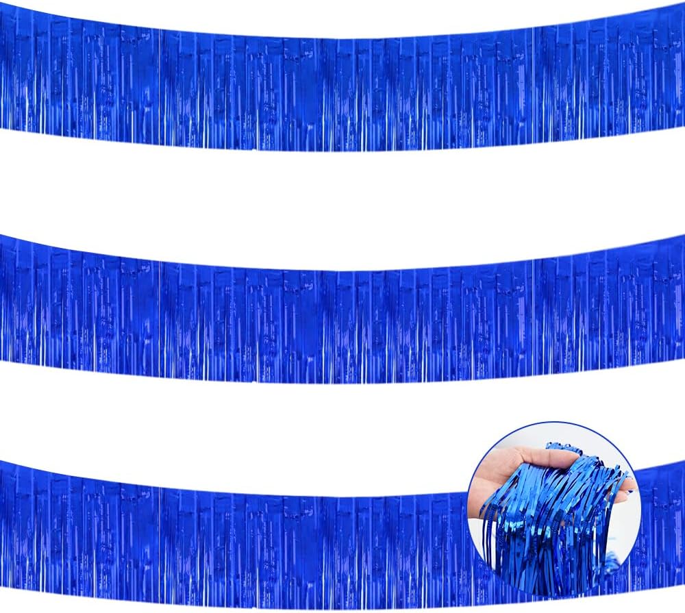 BEISHIDA 3 Packs Metallic Foil Fringe Garland Blue Wall Hanging Tinsel Fringe Banners for Valentine New Year Floats Bridal Shower Wedding Birthday Halloween Holiday Party Decoration(30 Feet)