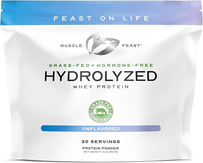 Muscle Feast Hydrolyzed Whey Protein Powder, Grass Fed and All Natural Hormone-Free, Hydro Whey Powder for Men and Women, Gluten Free, Non-GMO, Delicious Hydrolyzed Protein Powder, Unflavored, 2lb