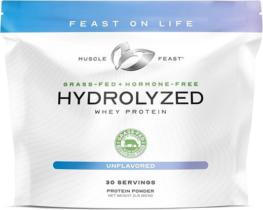 Muscle Feast Hydrolyzed Whey Protein Powder, Grass Fed and All Natural Hormone-Free, Hydro Whey Powder for Men and Women, Gluten Free, Non-GMO, Delicious Hydrolyzed Protein Powder, Unflavored, 2lb