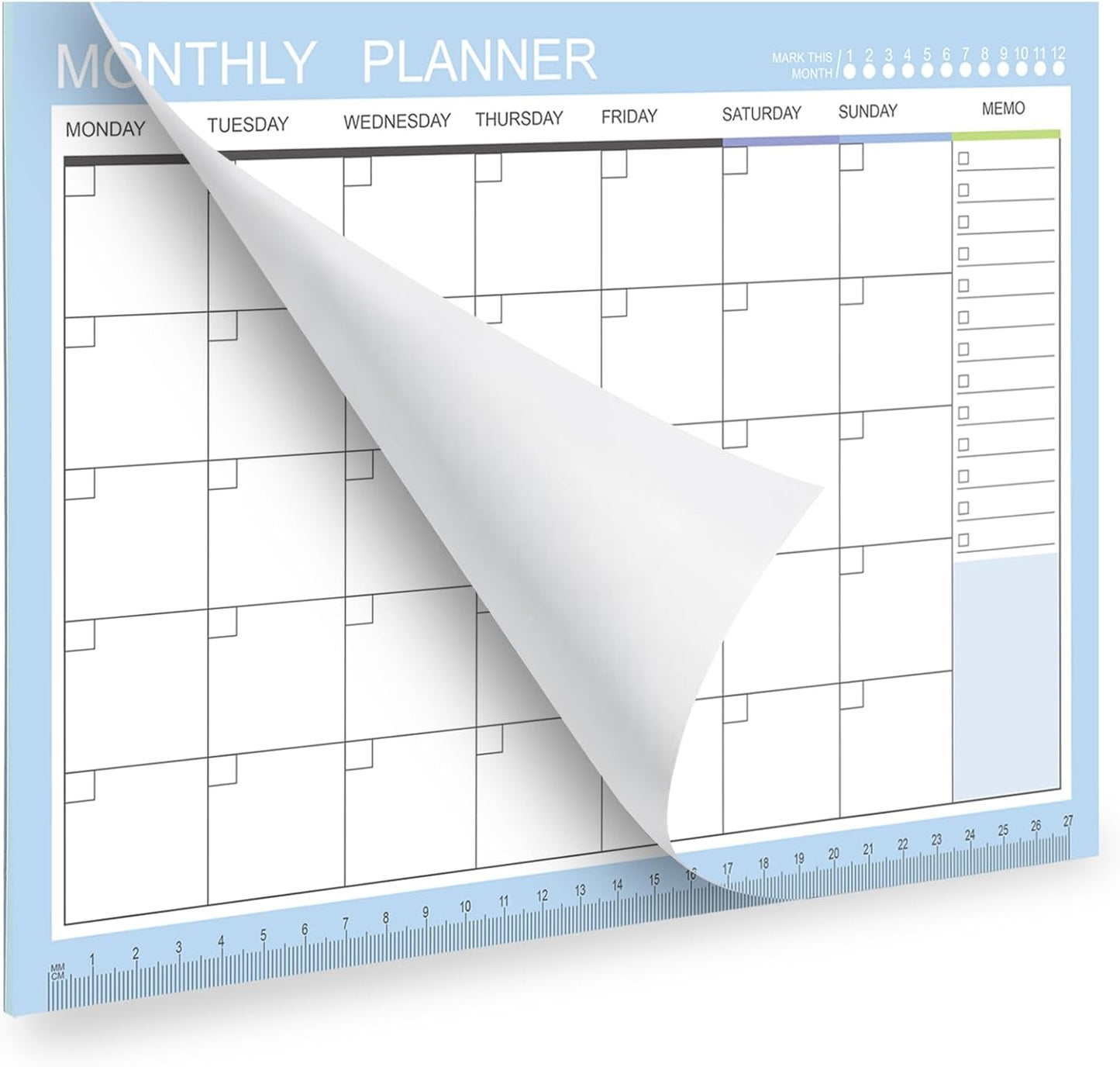 Phyxin Undated Planner, 54 Sheets Blank Calendar, 11.2" x 8.3" Monthly Calendar Planner, Tear Off Undated Monthly Planner with Memo for Women, Students, Teachers, Blue