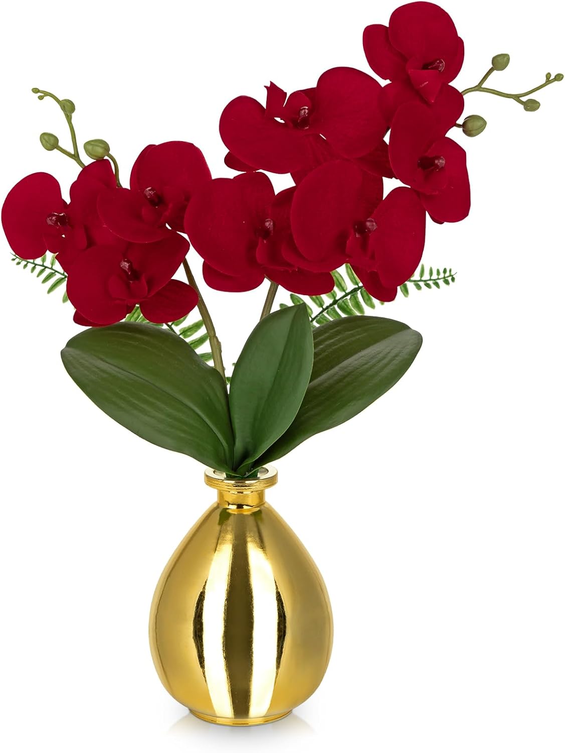 Red Orchids Artificial Flowers, Faux Orchid in Glass Vase Real Touch Small Phalaenopsis Orchid Flowers Arrangements with Gold Vase Orchids Centerpiece for Dining Room Table