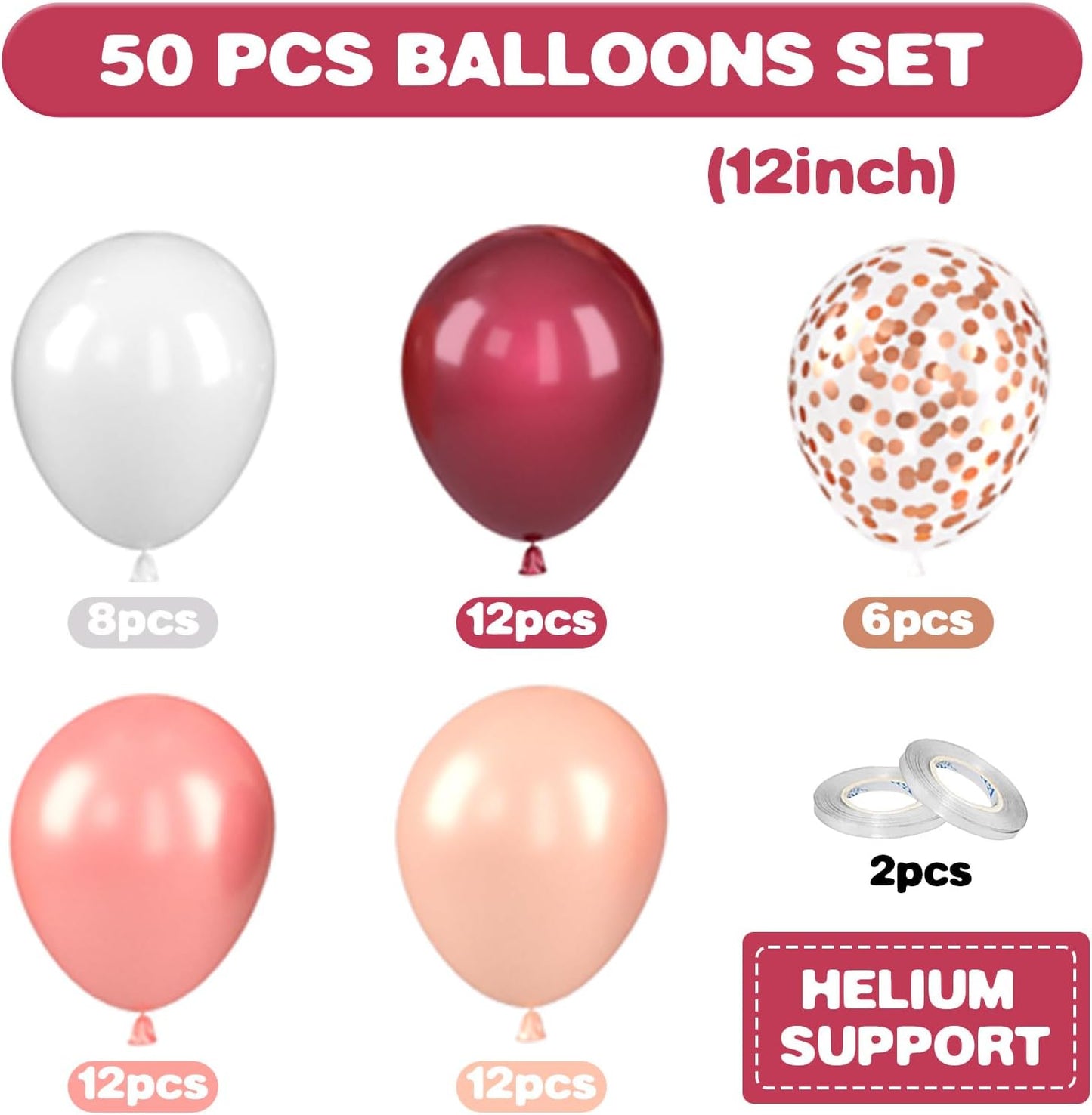 Burgundy Balloons, 12 Inch Maroon Balloons, Wine Red White Pearl Metallic Rose Gold Confetti Balloons Latex Balloons for Wedding Anniversary Engagement Romantic Dinner Fall Party Decorations