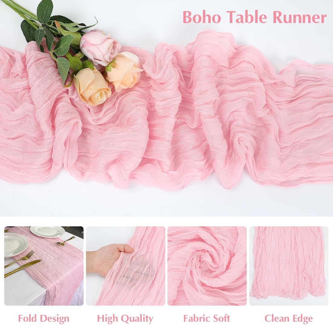 Pink Cheesecloth Table Runner -21*120Inch Long Boho Wedding Table Decor, Rustic Gauze Fabric Runner for Bridal Showers, Baby Showers & Parties (Sheer, Lightweight, Wrinkled Design)