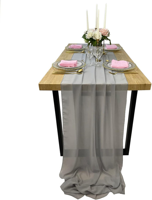 EHLDekol 13ft Light Grey Chiffon Table Runners, 29x156 Inches Romantic and Rustic Boho Wedding Runner, Sheer Bridal Party Decorations